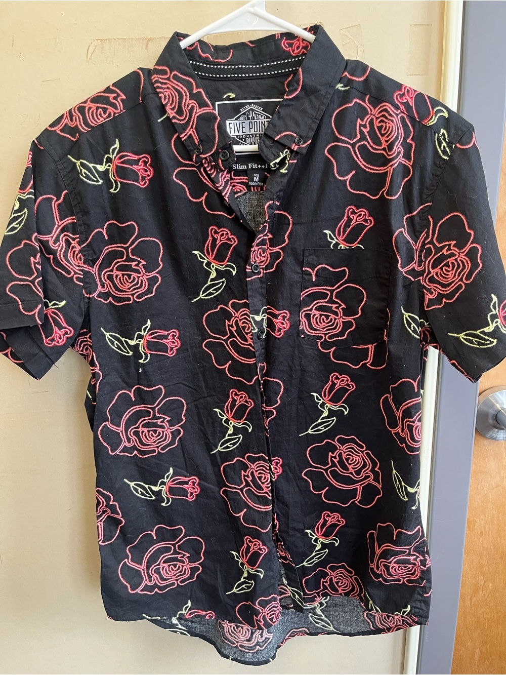 Five points industries NYC black Short-Sleeve Button-Up Shirt w/ Red Rose Print